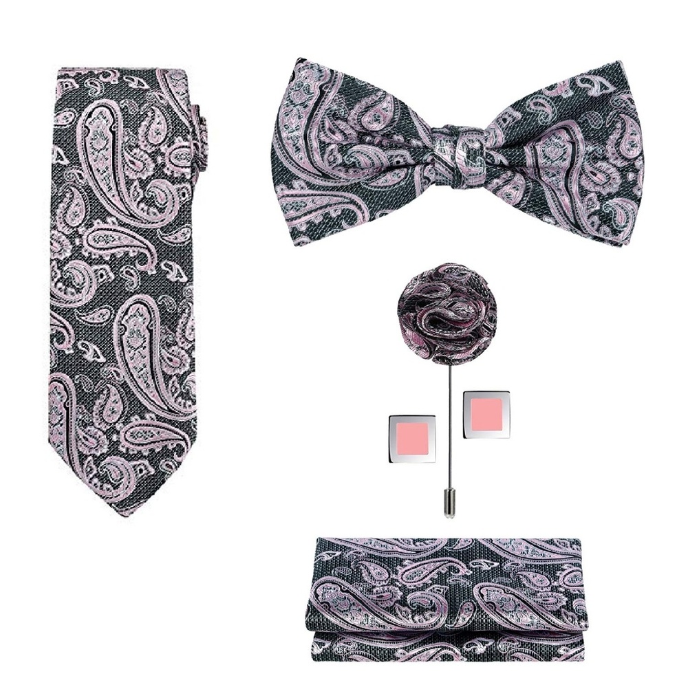 Mens 5pc Paisley Neck Tie Bow Lapel Cuff Links Set